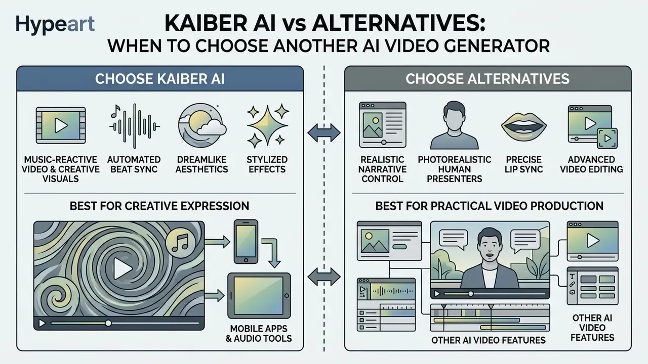 Split comparison chart contrasting features of Kaiber AI for creative expression against other video tools