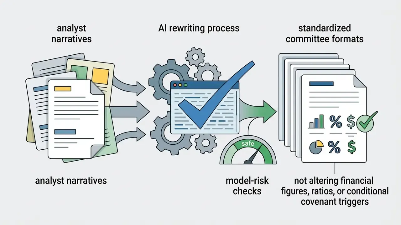 Analyst narratives flowing through a gear mechanism and risk gauge into standardized committee formats