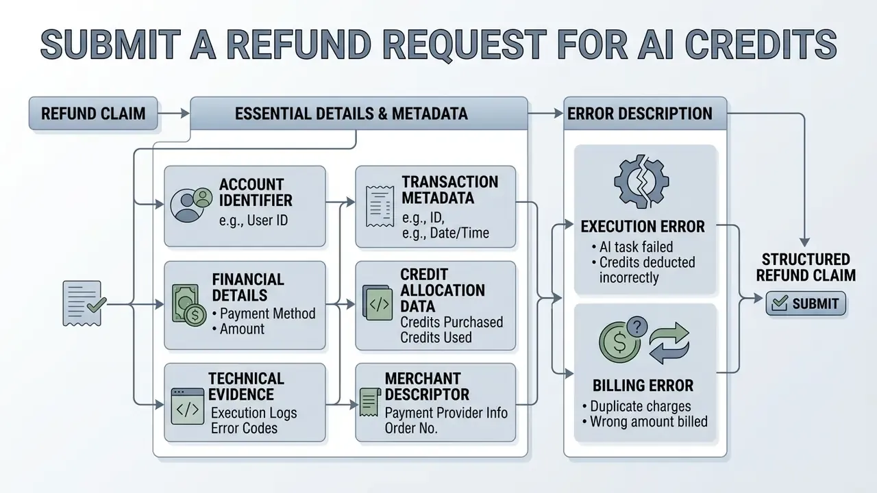 Diagram detailing the required transaction metadata and error descriptions for a structured AI refund claim