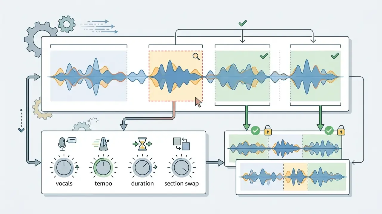 Diagram showing audio waveform segments being isolated and adjusted using vocal and tempo control knobs