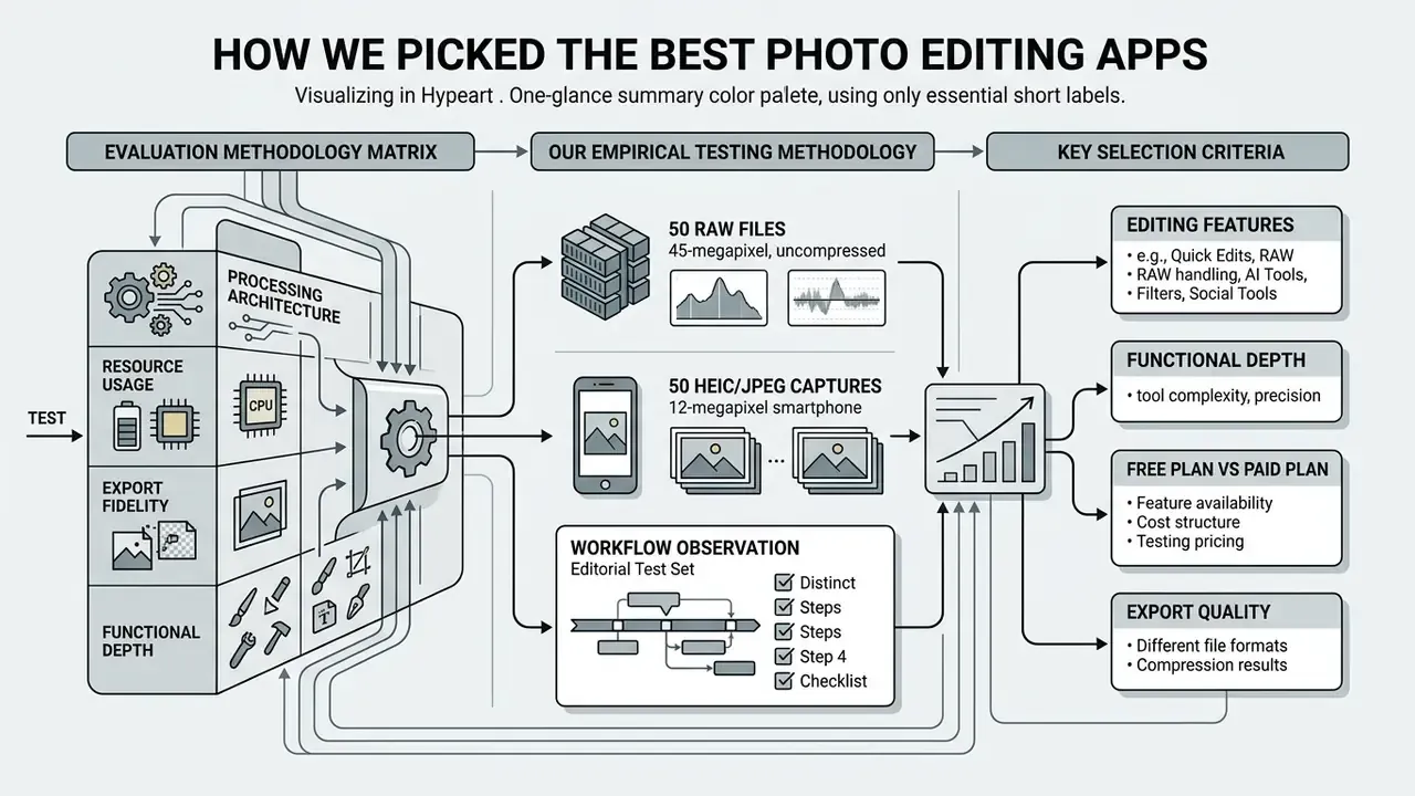 Flowchart detailing the methodology for testing and selecting the best photo editing apps