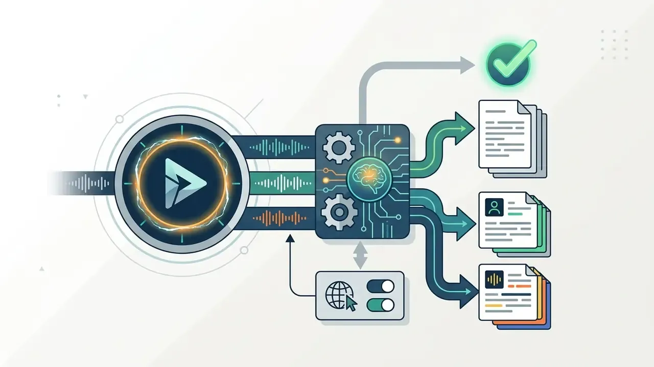 Audio channels feeding into an AI processor that outputs text and speaker separated documents