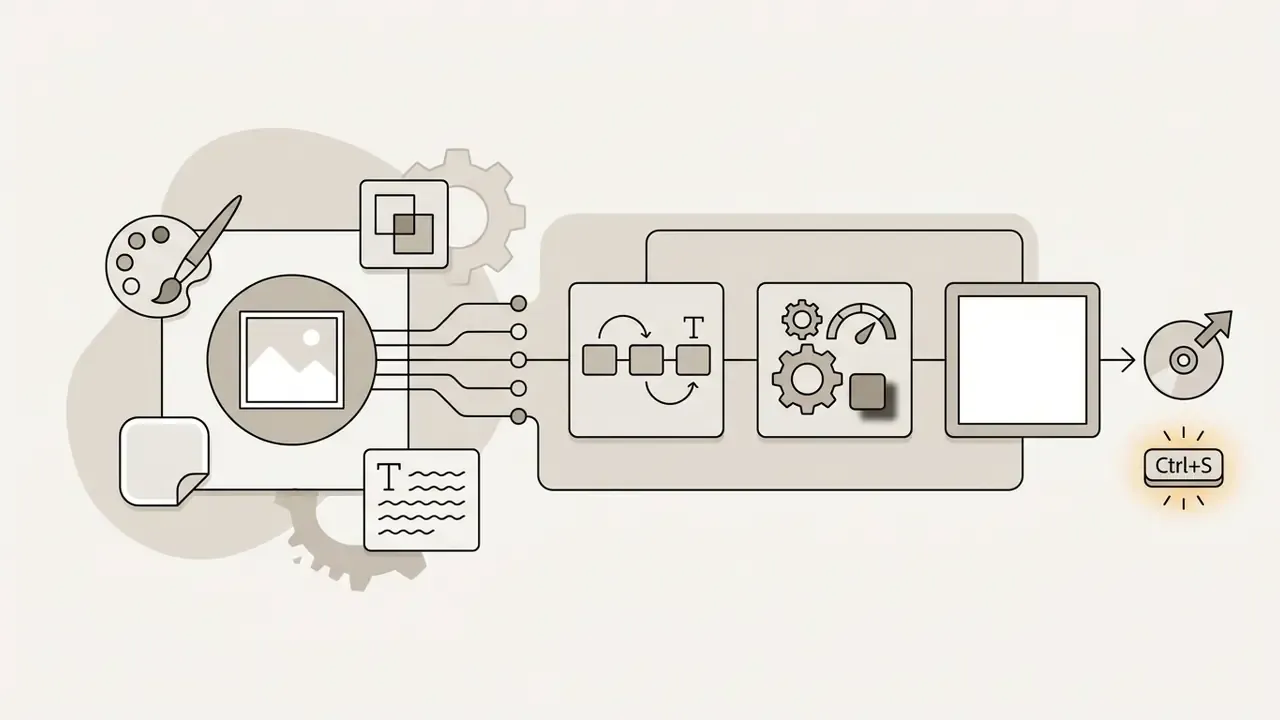 Process flow connecting image and text elements to editing tools and a final save command