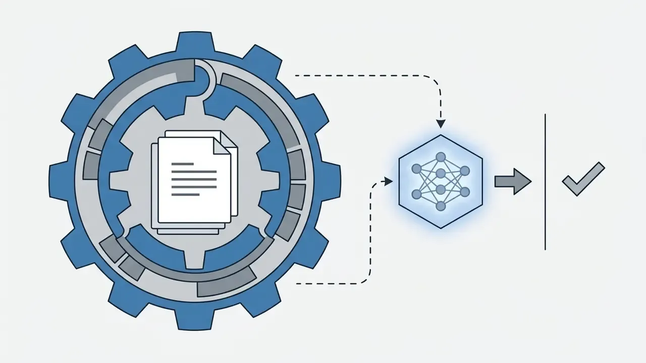 Gear icon containing a document symbol connected to an AI neural network hexagon with a checkmark