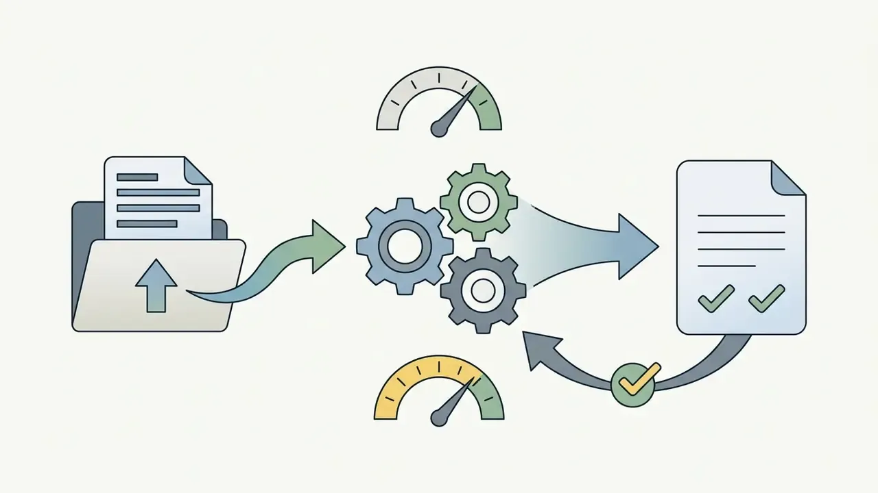 Folder uploading documents into a gear mechanism that processes files into reviewed deliverables