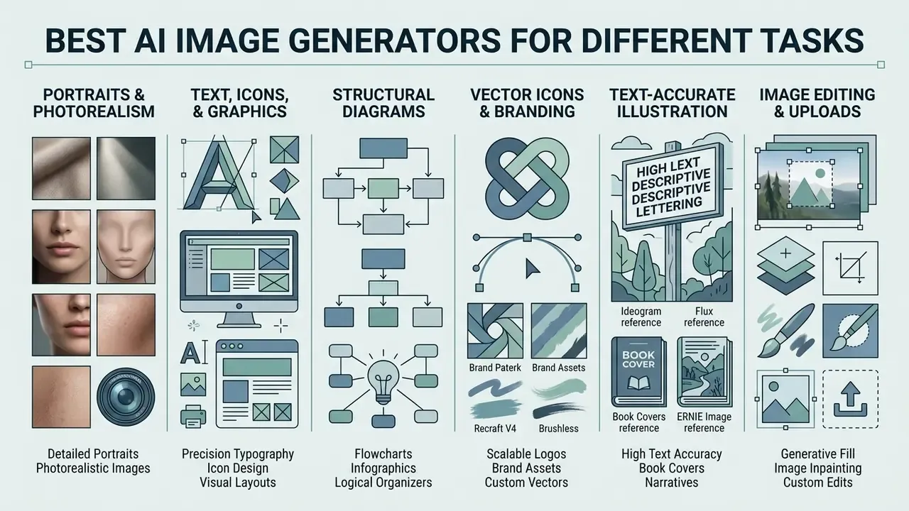 Categorized infographic showing various generative tasks like portraiture, typography, diagrams, and editing