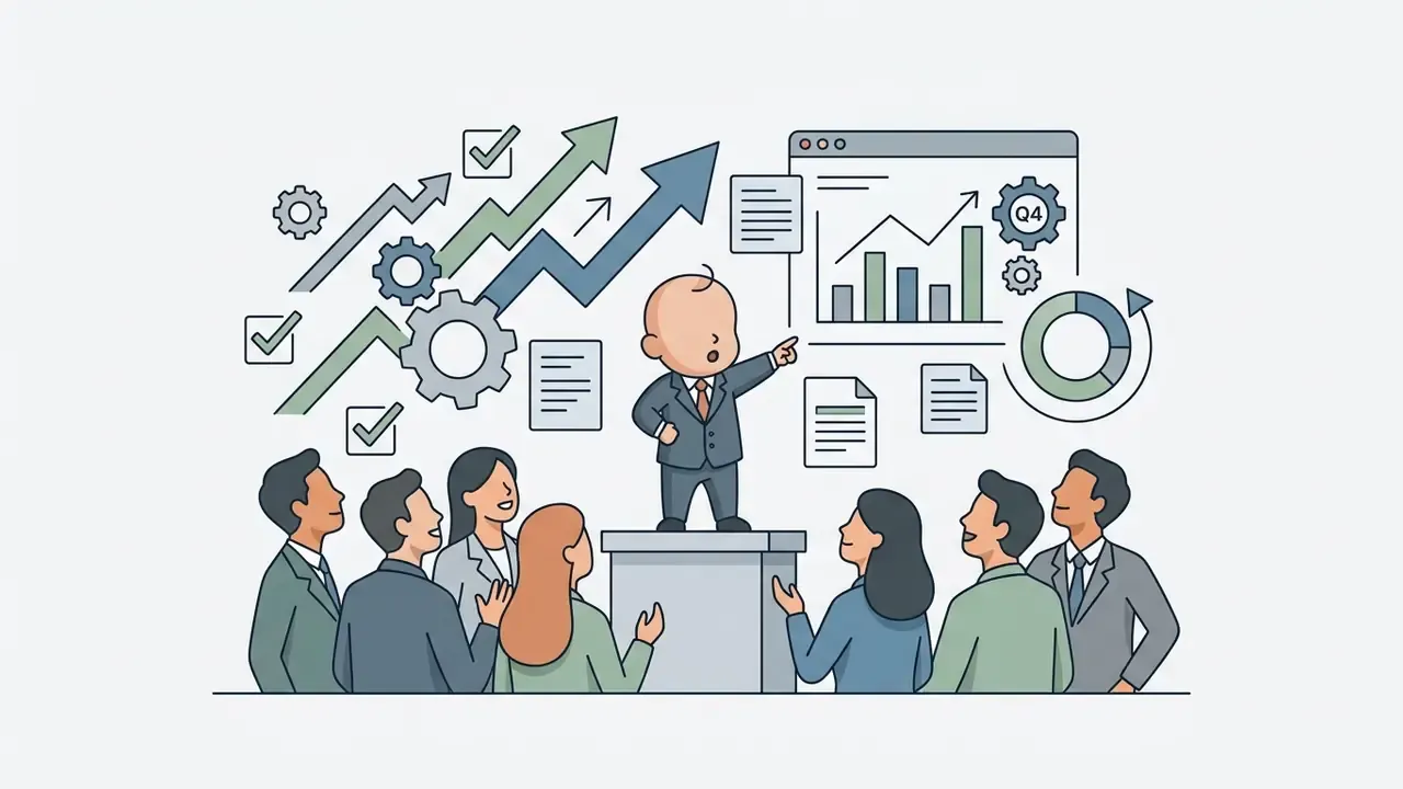 A baby in a business suit stands on a podium presenting a financial chart to a group of attentive adults