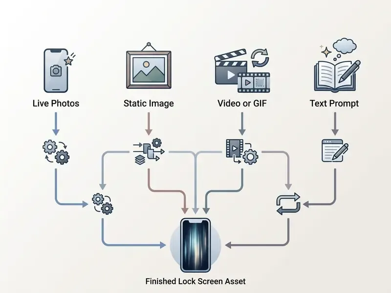 Flowchart showing four source paths for creating a live wallpaper asset from various media types