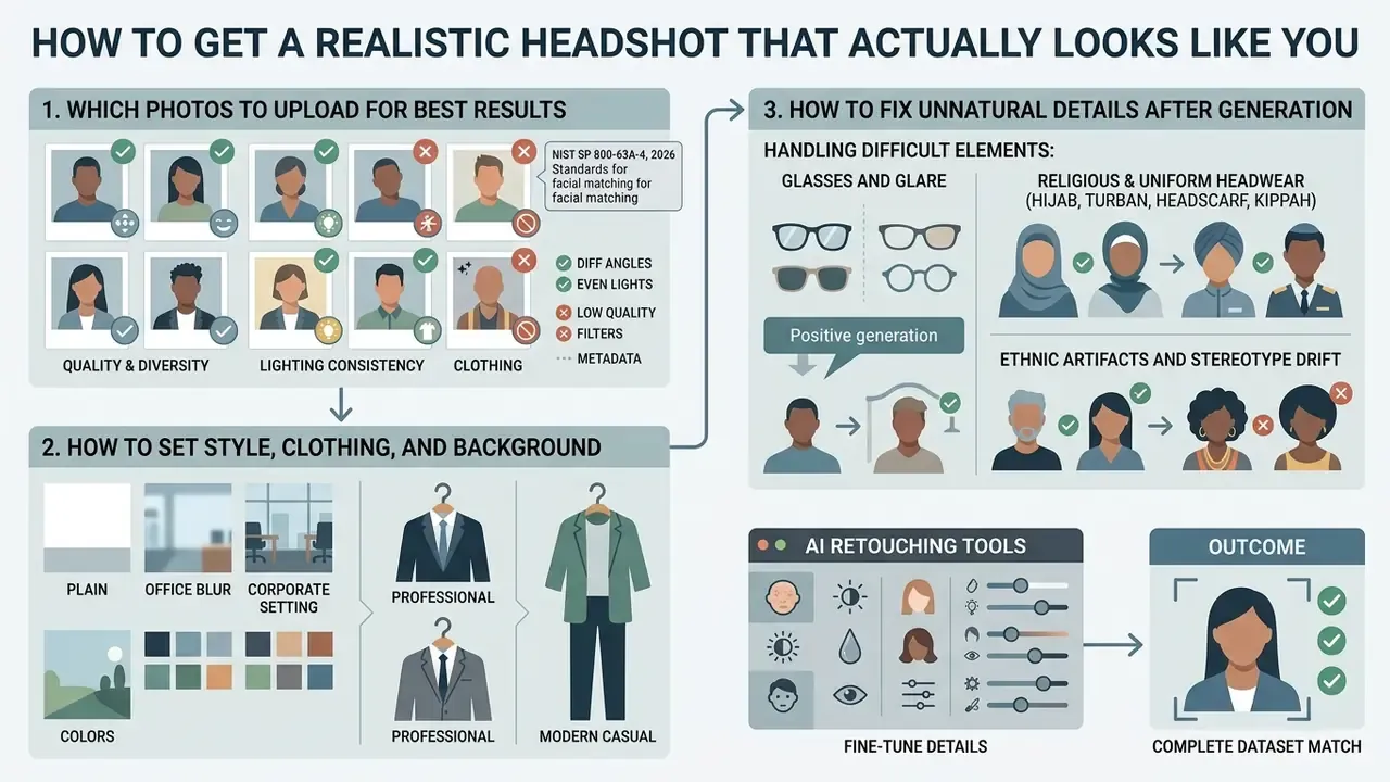 Step-by-step guide for creating a realistic AI headshot through proper photo selection and editing