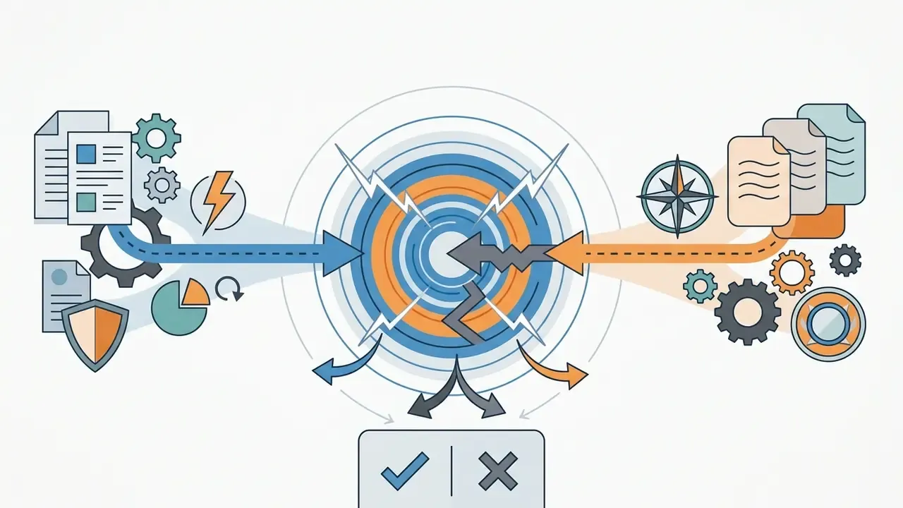 Two distinct sets of documents and gears converging into a central portal to produce varied outcomes