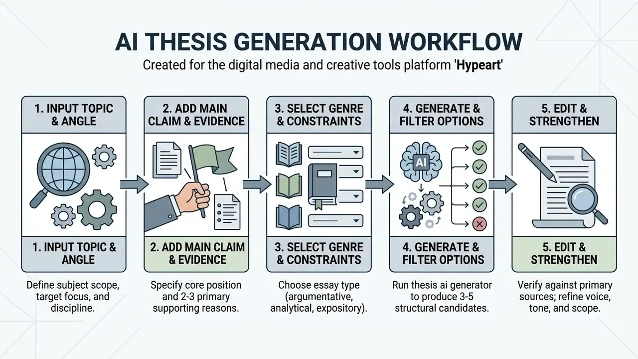 Five sequential steps illustrating a process for developing academic research papers with digital tools