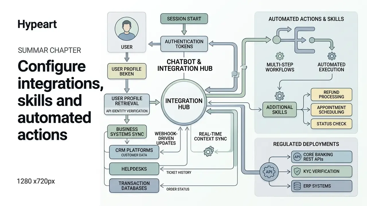System map showing how an AI chatbot connects to business platforms to execute automated workflows