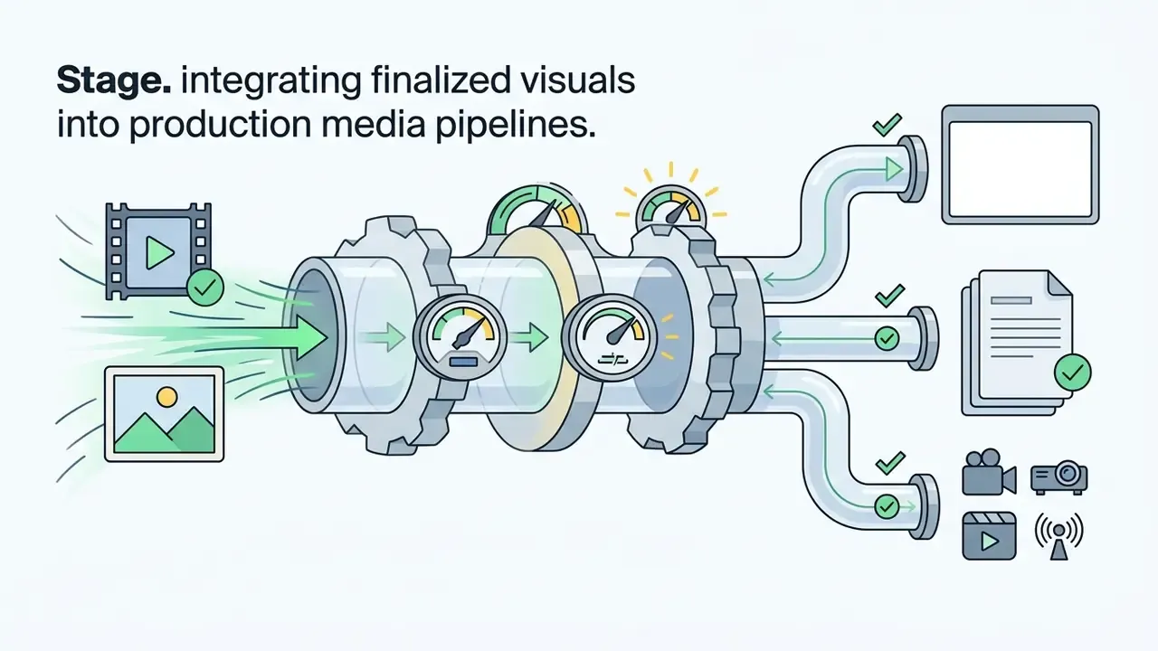 Mechanical pipe system processing digital media assets into various production output formats