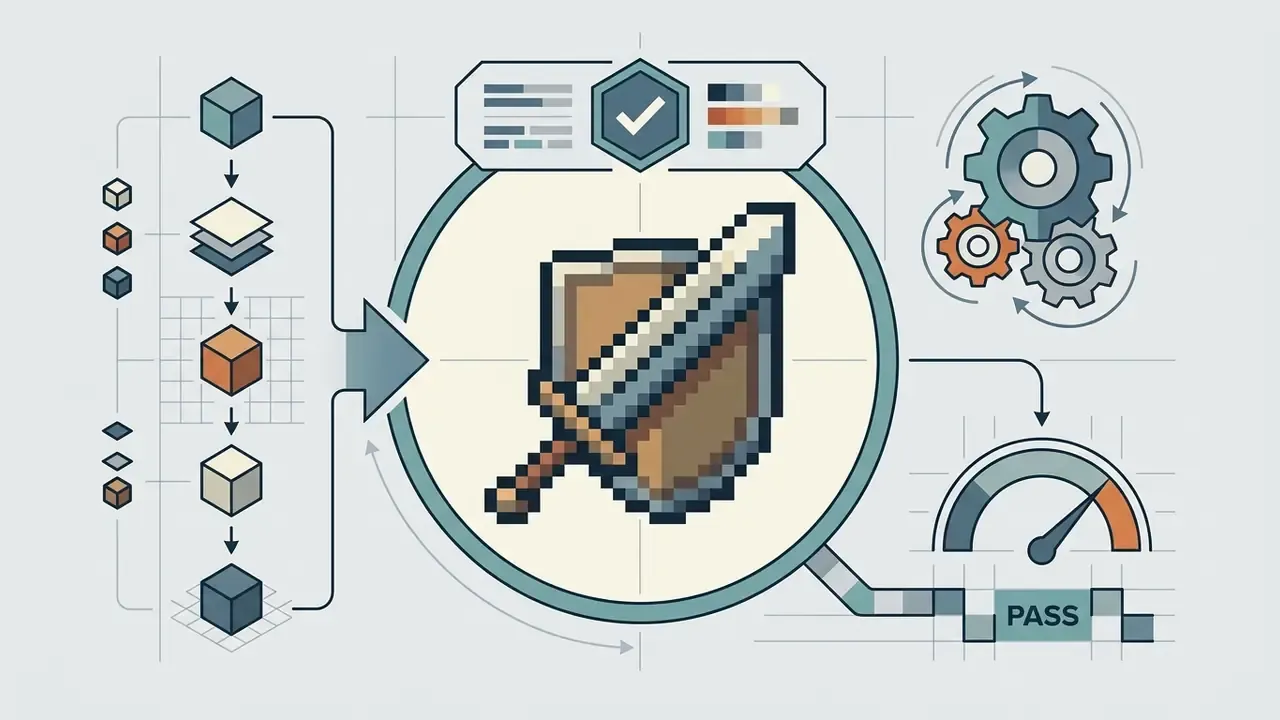 Technical graphic showing block layers converting into a pixelated sword and shield icon with status gauges