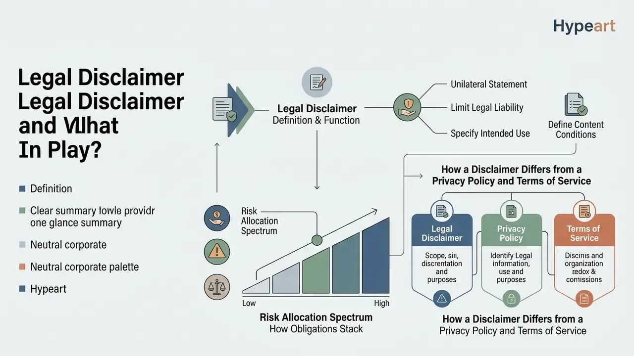 Infographic explaining legal disclaimer functions, risk allocation spectrums, and policy comparisons
