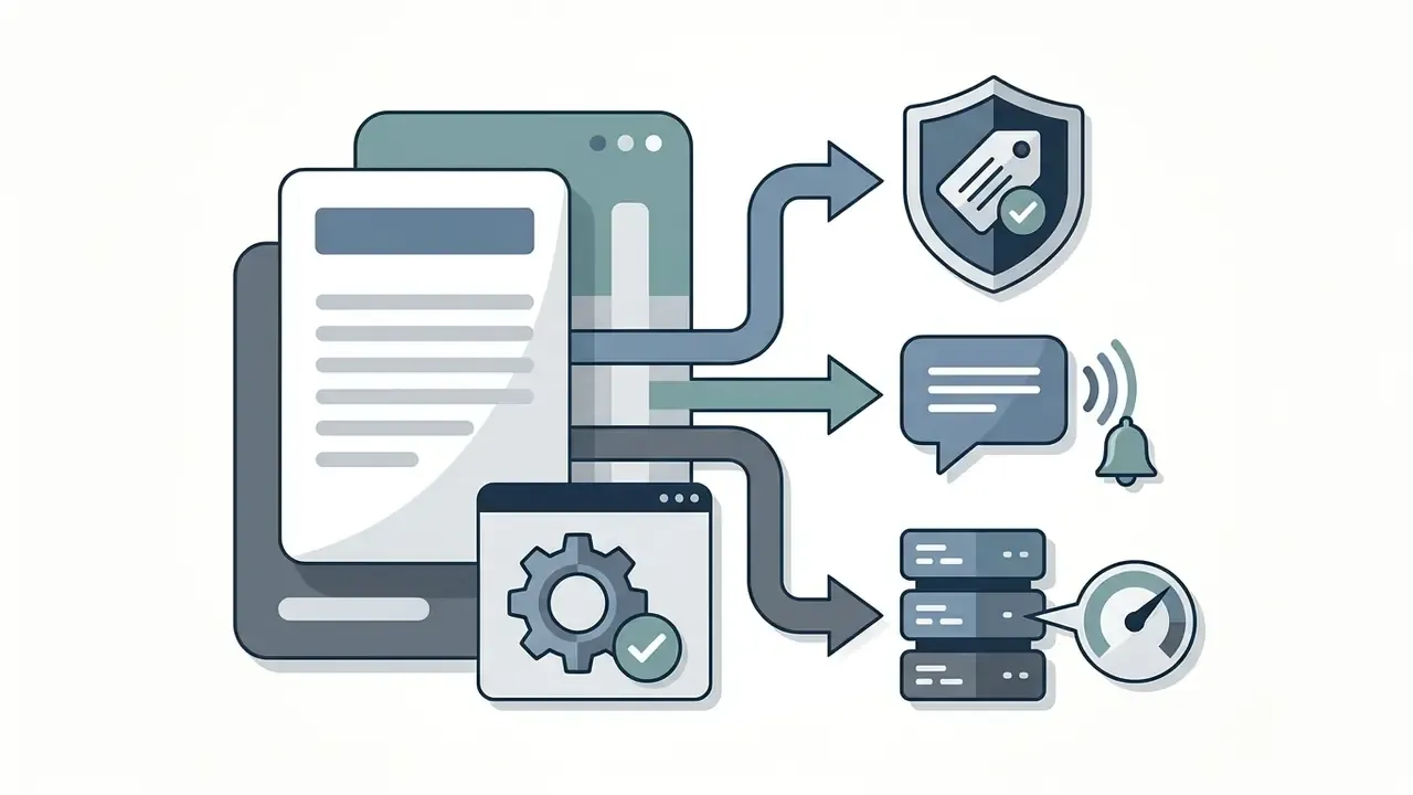 Document data flowing into a shield icon, a speech bubble with a bell, and a server with a gauge