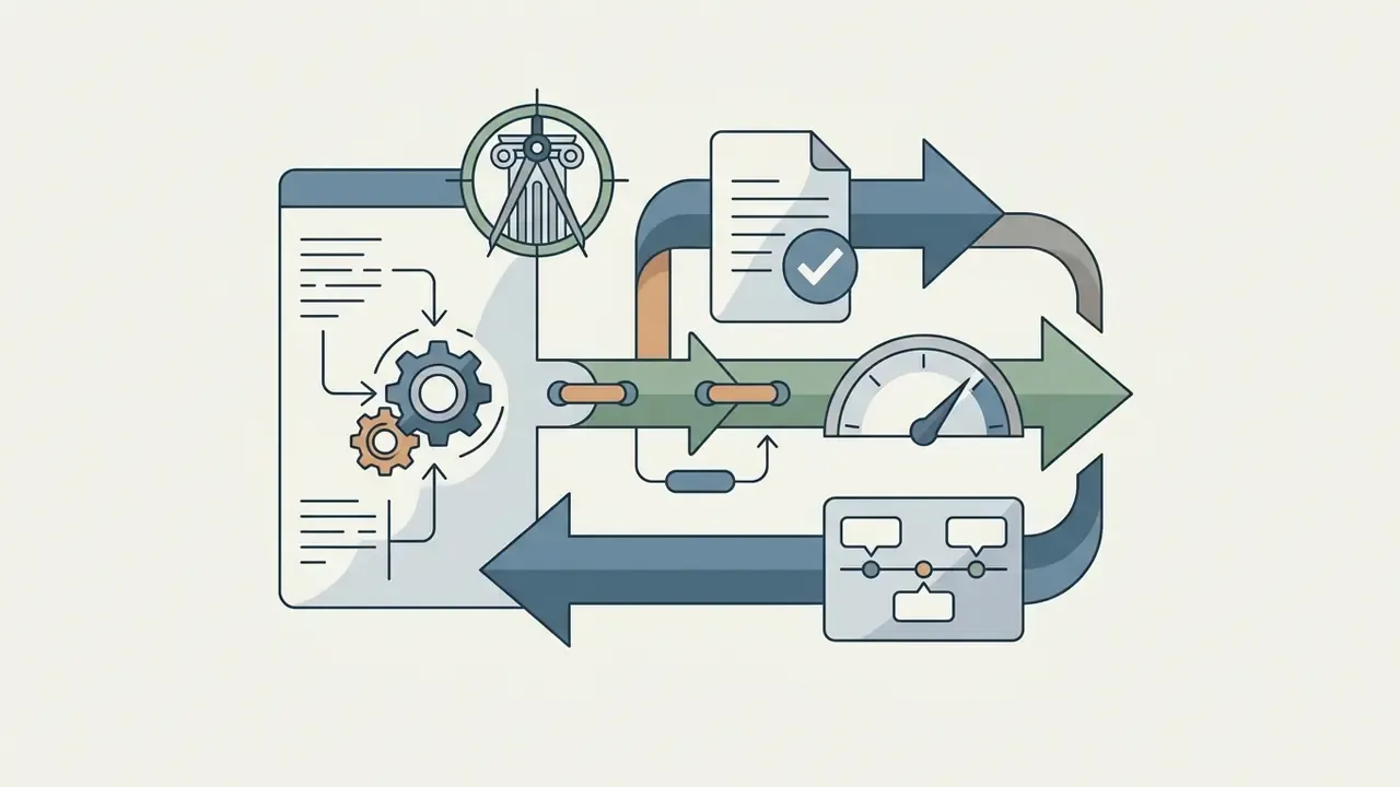 Analytical perspective icon and document processing flow moving through gears toward a project schedule
