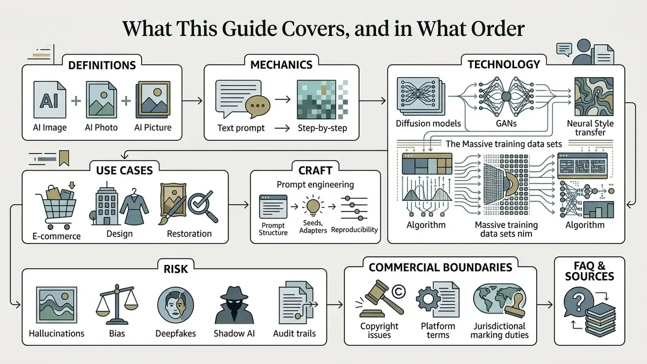 Flowchart outlining the sequence of AI image governance from definitions and technology to risk and ethics