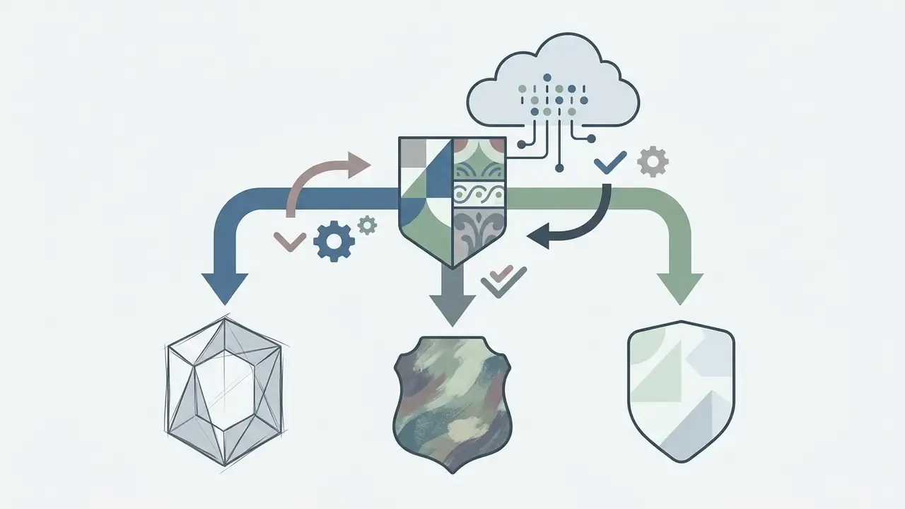 Shield icon connected to a cloud and branching into three distinct artistic style variations