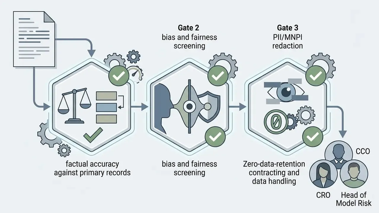 Three sequential hexagonal gates for data accuracy, bias screening, and PII redaction for corporate leaders
