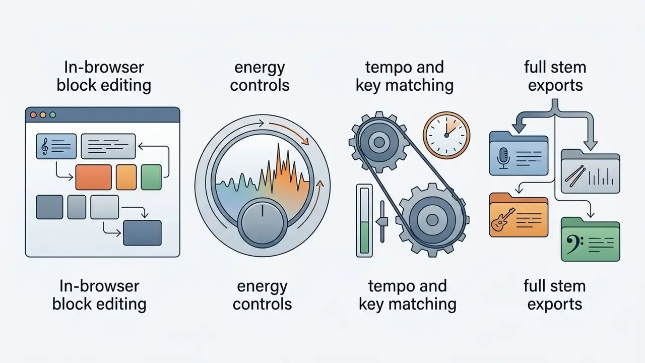 Icons representing block editing, energy dials, tempo gears, and file folders for audio stem exports