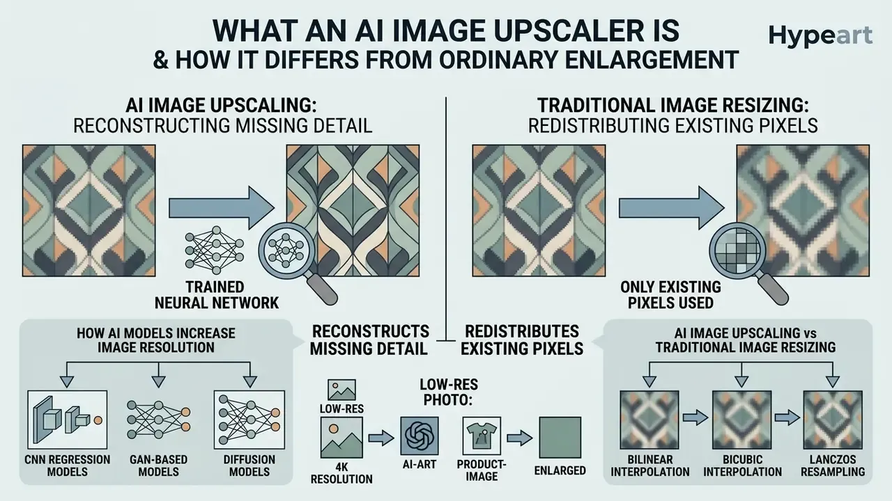Comparison chart showing how AI upscaling generates new details while traditional resizing stretches pixels