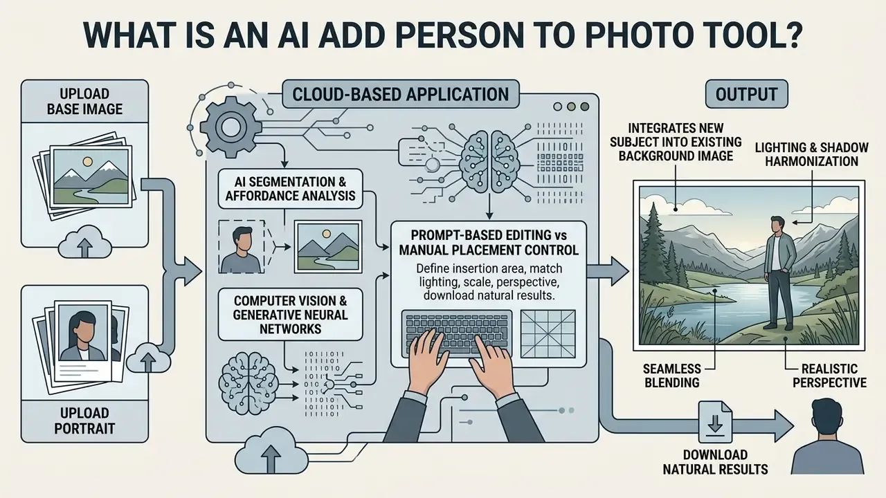 Flowchart illustrating how an AI tool processes uploaded images to integrate a person into a background