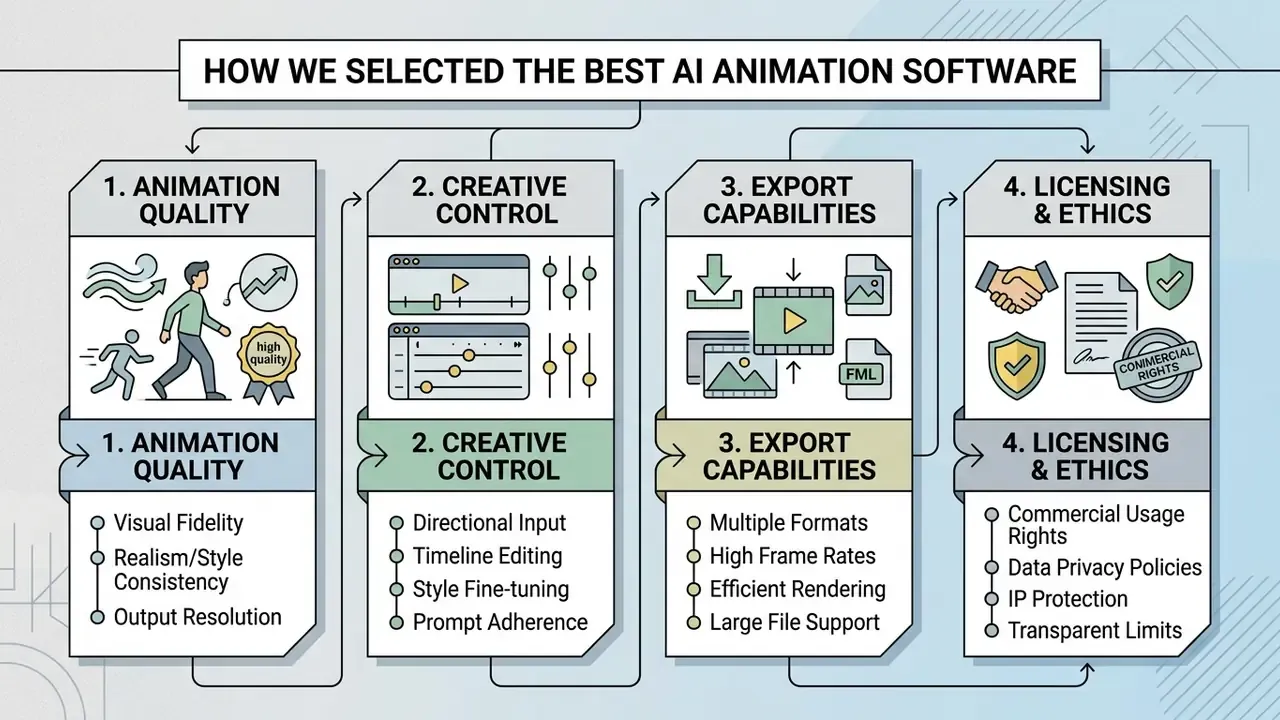 Four-step infographic detailing evaluation criteria for the best AI animation software