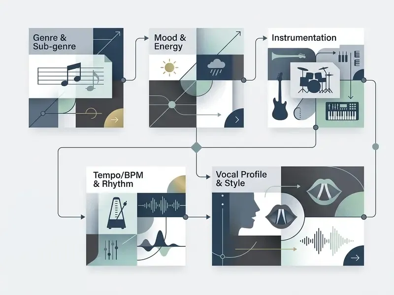 Flowchart connecting five modules that define musical genre, mood, instrumentation, tempo, and vocal style