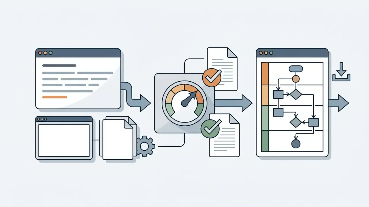 Documents and browser windows feeding into a gauge and checkmark processor to create swimlane diagrams