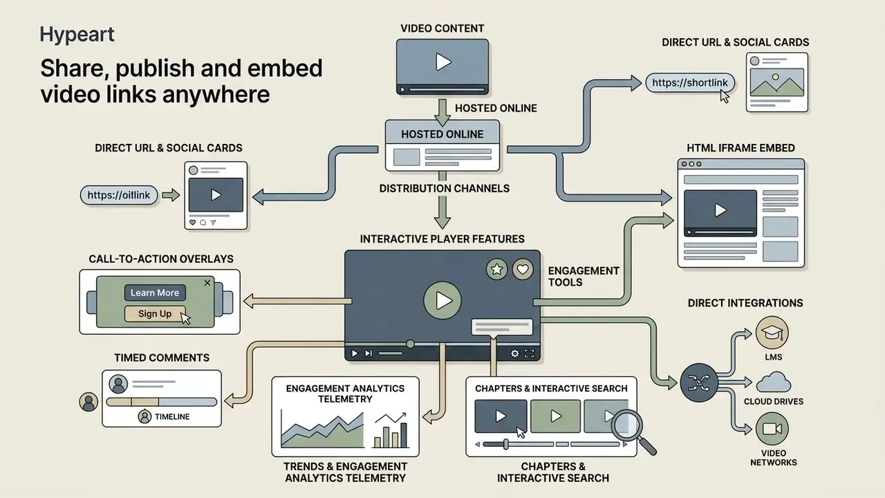 Flowchart illustrating how to upload video online through various distribution channels and interactive tools