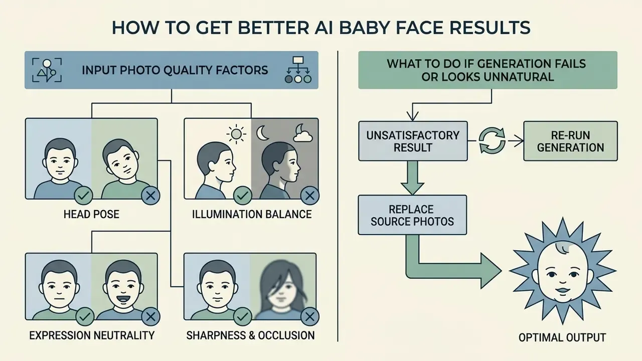 Infographic comparing ideal versus poor photo quality factors and troubleshooting steps for image generation