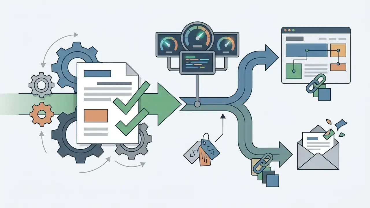 Approved document passing through gauges and tags to reach a CMS interface and email platform