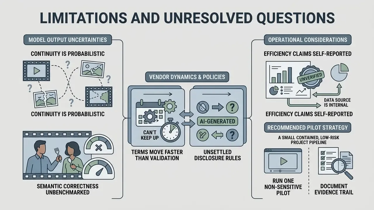 Infographic outlining model uncertainties, vendor policy challenges, and recommended pilot strategies