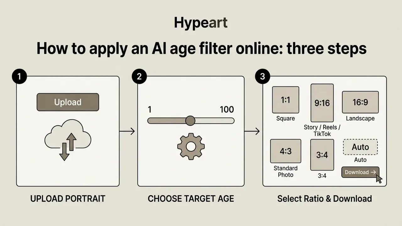 Three-step diagram showing photo upload, age adjustment slider, and aspect ratio selection options