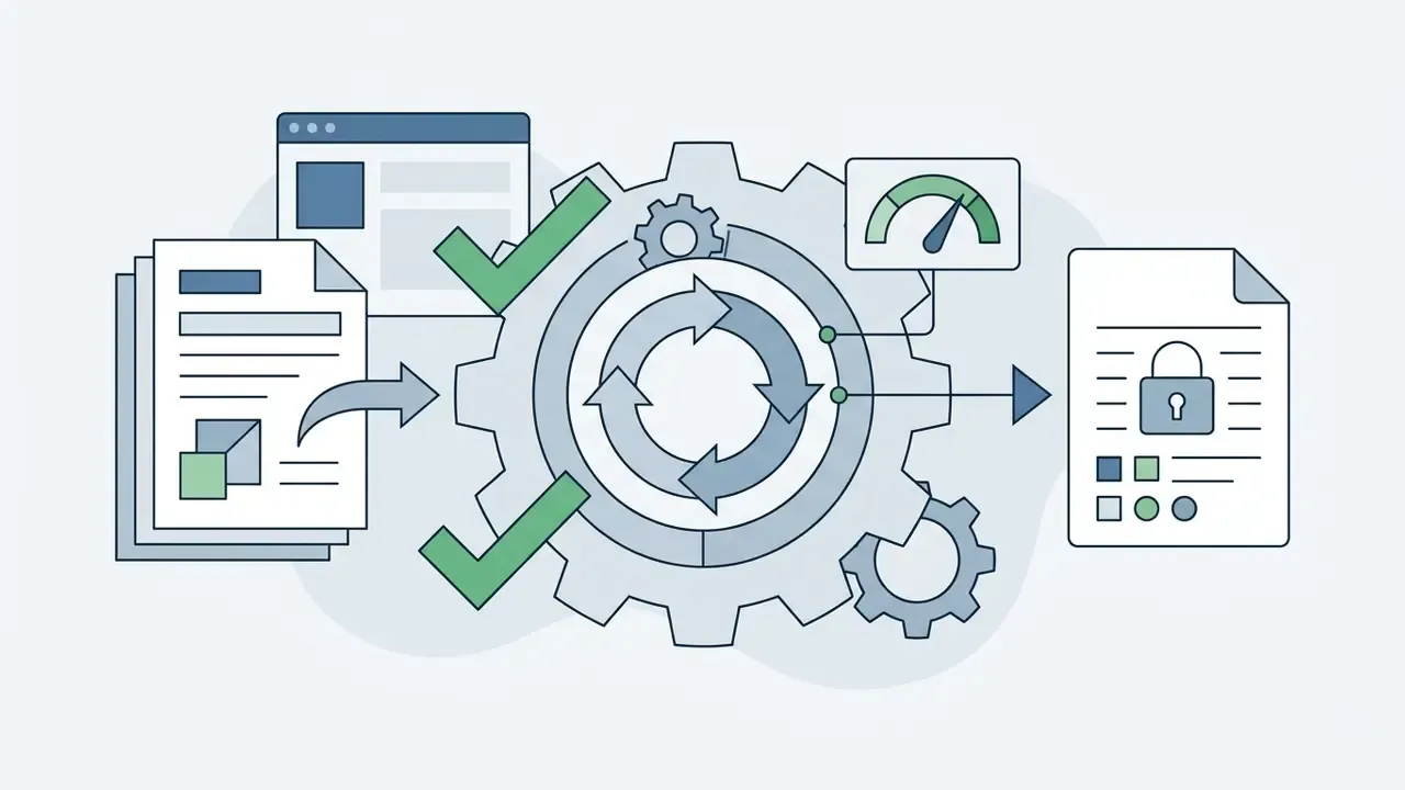 Business documents flowing through a central gear processor into a locked file with gauge feedback