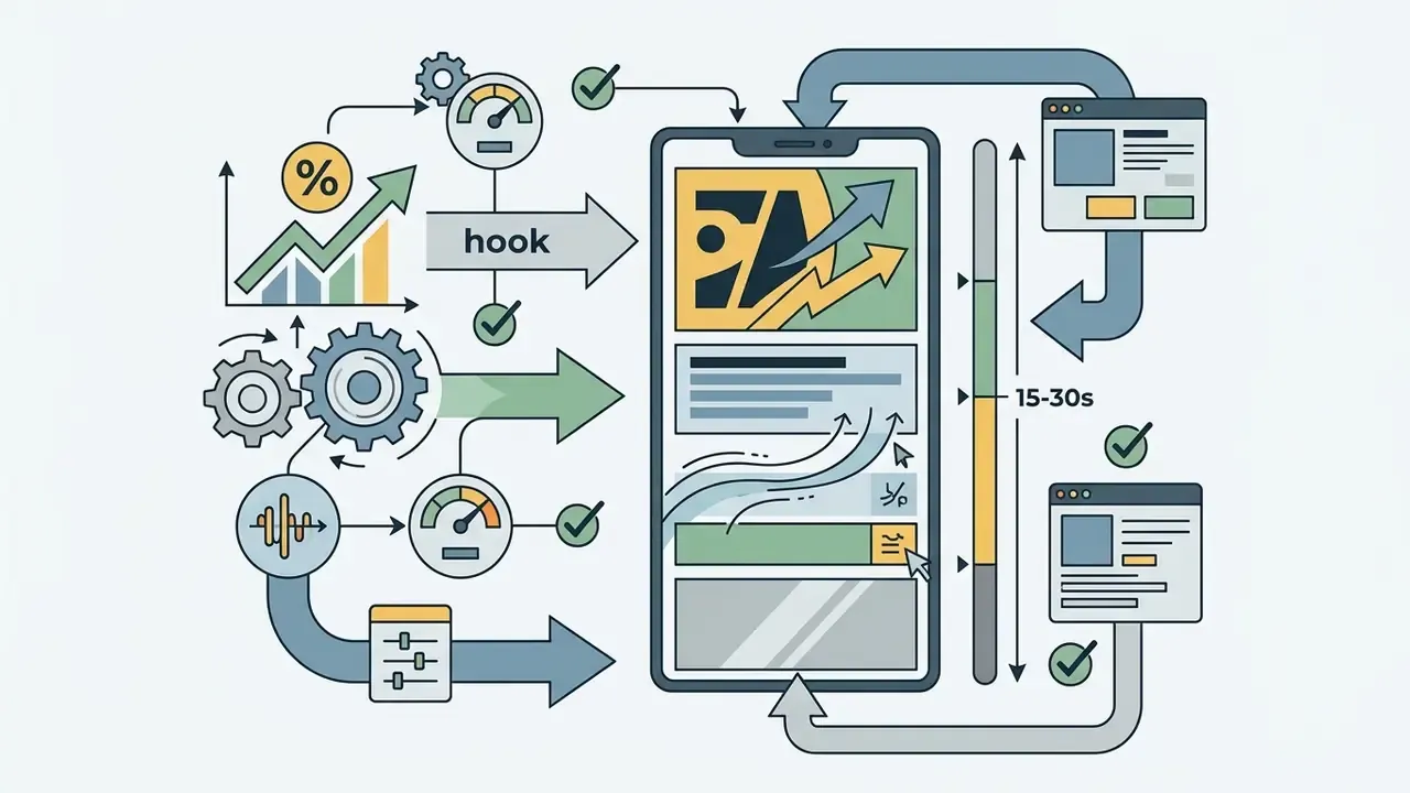 Vertical mobile screen workflow showing hook editing, caption placement, and short-form video optimization