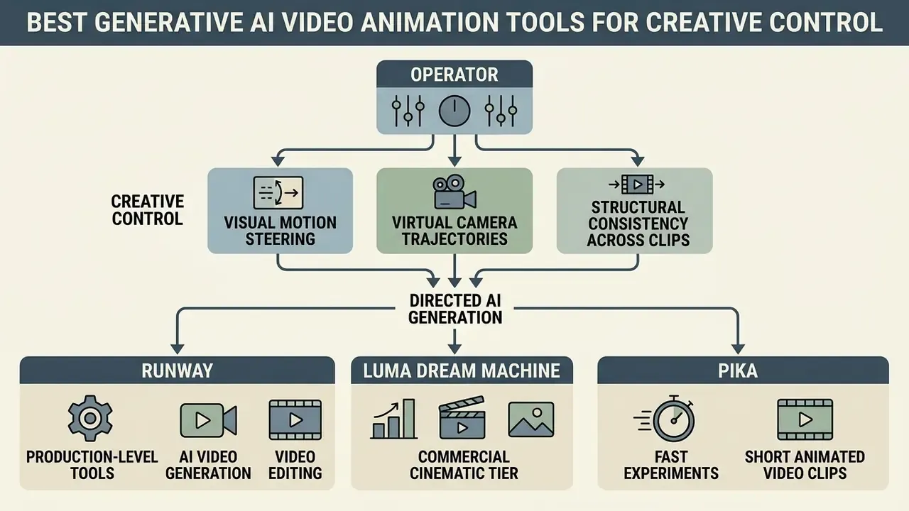 Diagram showing how operators use creative control features to direct Runway, Luma Dream Machine, and Pika