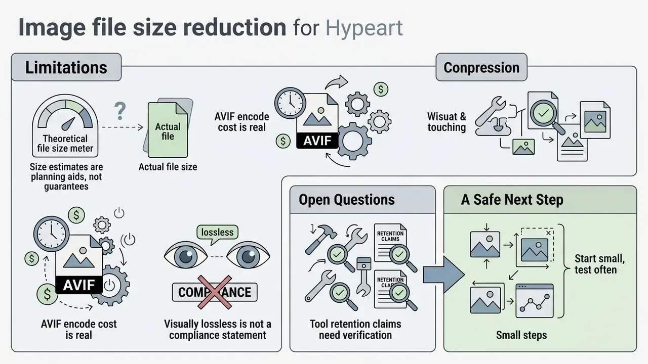 Summary of limitations, open questions, and safe next steps for making an image file size smaller