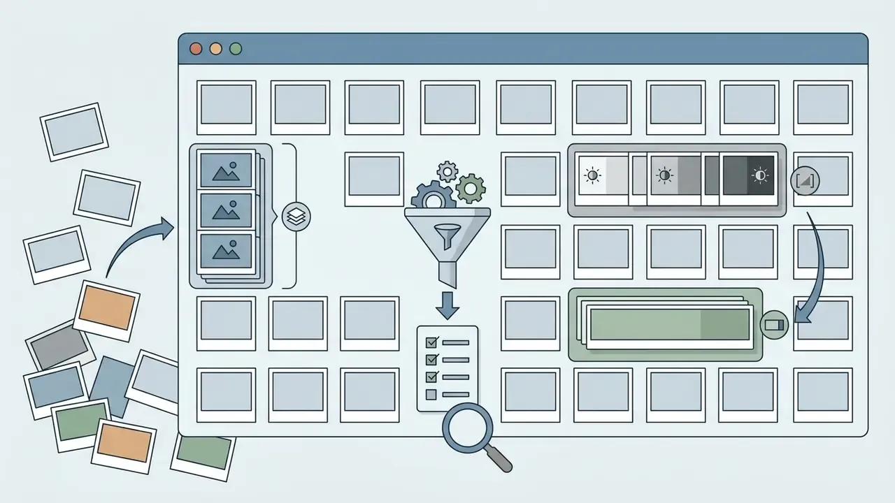 Scattered photo thumbnails being organized into stacks and filtered within a digital library grid