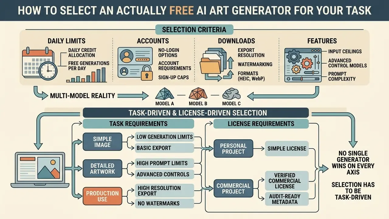 Diagram mapping selection criteria for image generators against specific task and license requirements