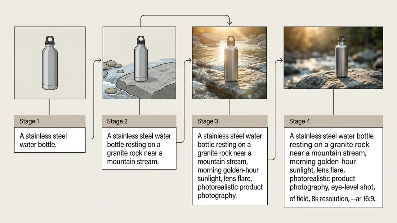 Diagram showing the iterative refinement of ai image generation prompts from basic to detailed