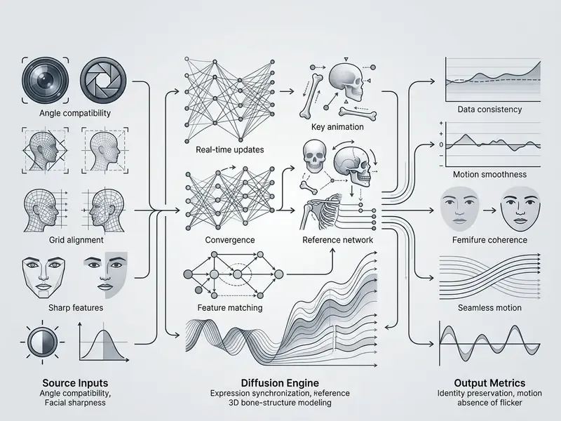 Process flow showing source inputs, diffusion engine modeling, and final output metrics for video synthesis