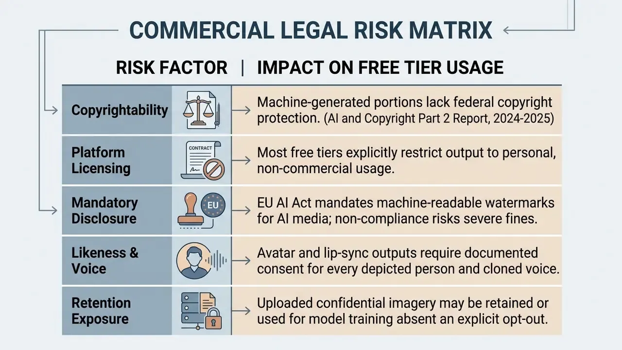 Table outlining legal risks for free image to video AI usage including copyright and licensing constraints
