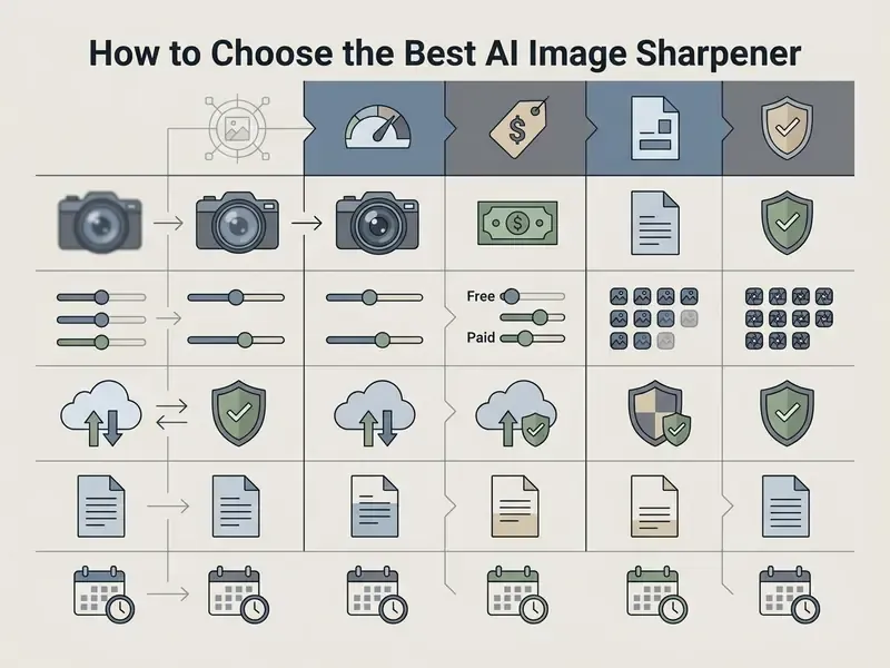 Comparison table displaying icons for camera quality, pricing models, file formats, and security features