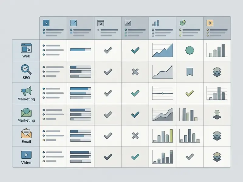 Matrix table comparing features of AI content generator platforms across various digital task categories