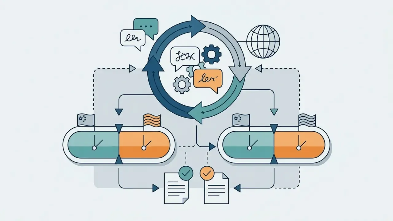 Circular process diagram showing language exchange sessions with split timers and document checkmarks
