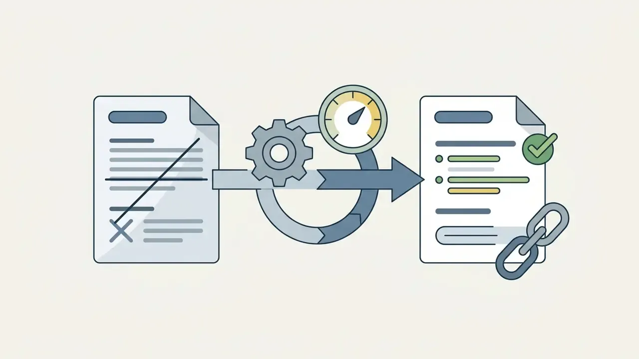 Document with strikethrough being processed by a gear and gauge into a verified document with a link icon
