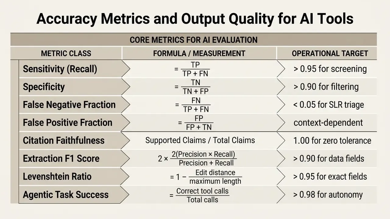 Table listing core AI evaluation metrics with their mathematical formulas and operational target thresholds