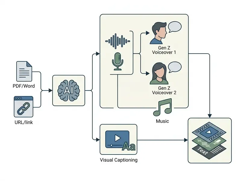 Diagram showing text inputs processed by AI into voiceovers, music, and automated visual captions